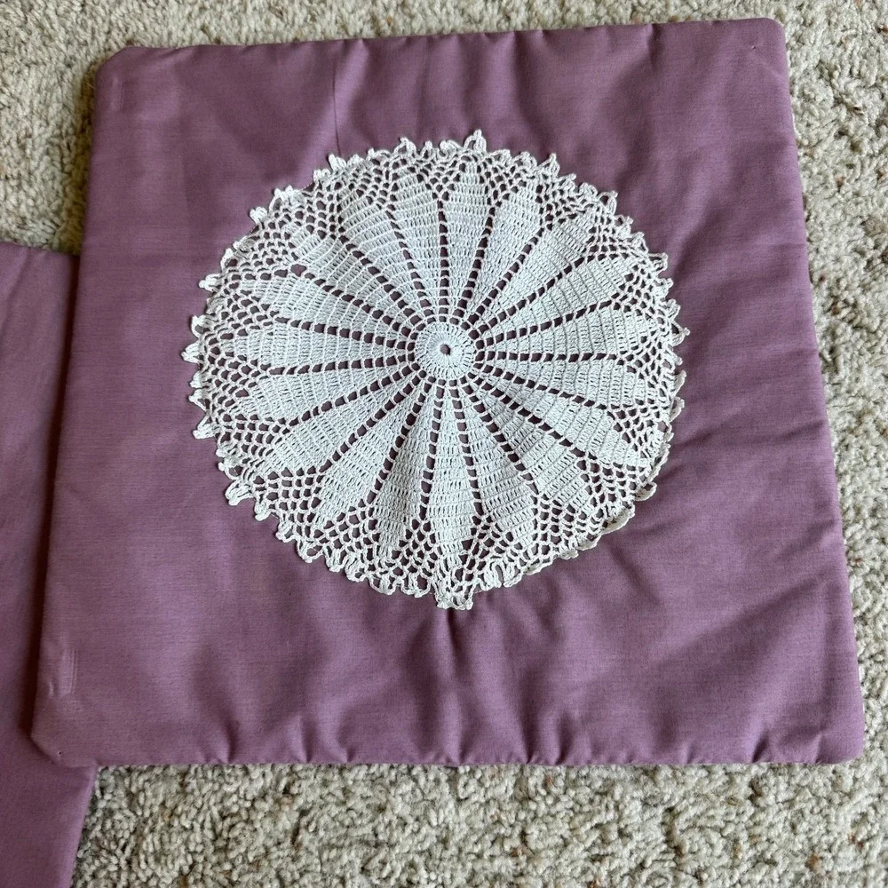 Handmade Mauve Purple Crochet Lace Doily Throw Pillow Covers Set of 2 Envelope
